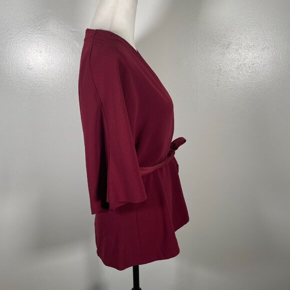 Trina Turk Wrap Top Womens Size 4 Maroon Tie Waist Long Sleeve V Neck Back Zip - Picture 12 of 15